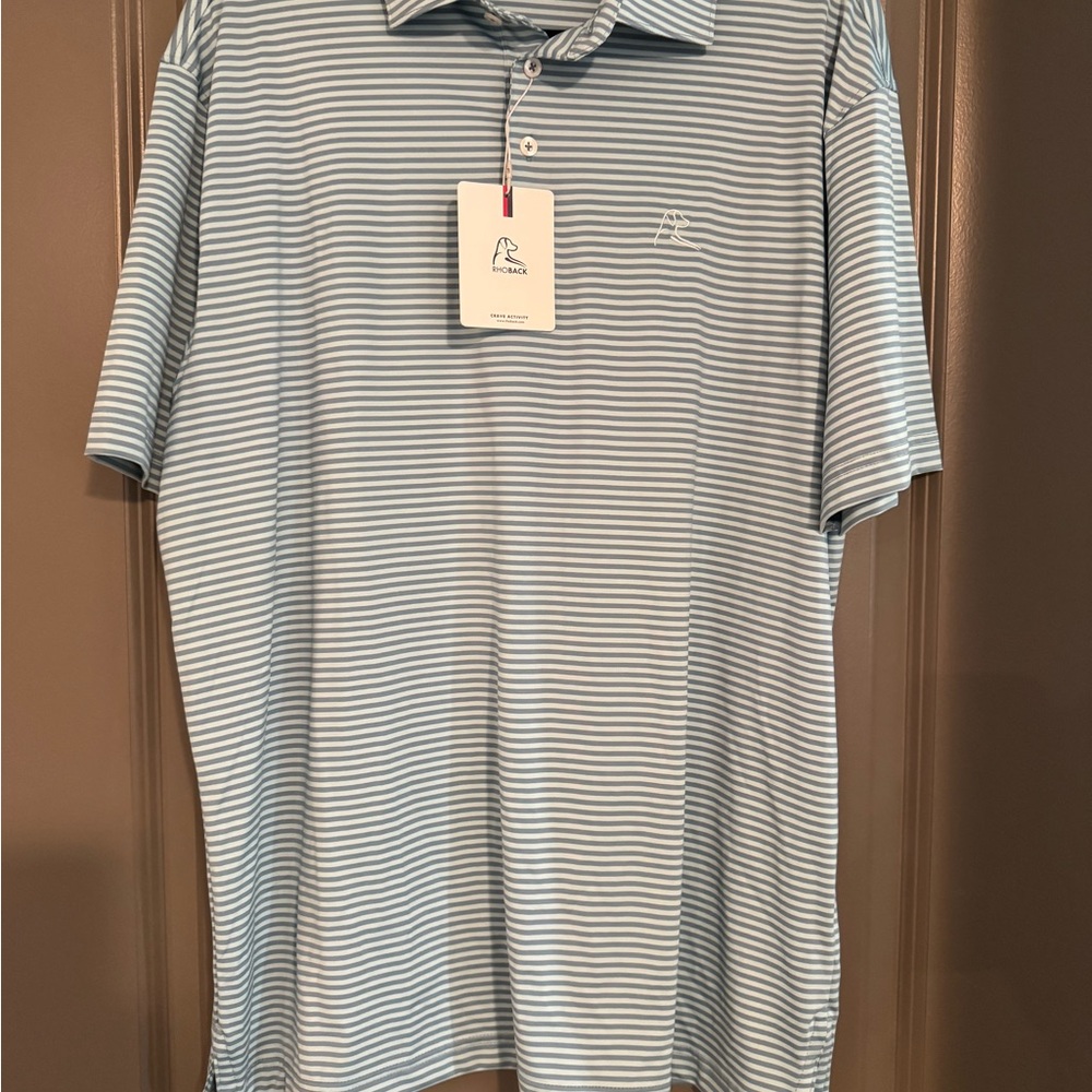 NWT Rhoback Light Blue and White Striped Golf Polo